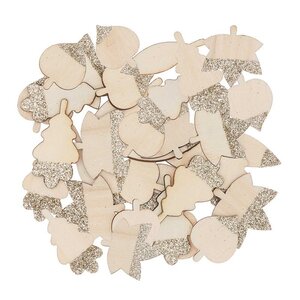 48 silhouettes en bois feuilles pailletées dorées