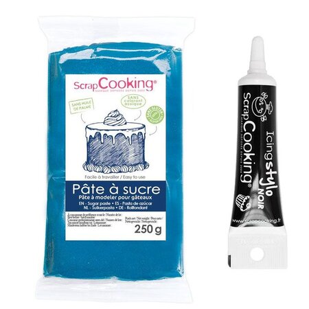 Pâte à sucre bleu foncé 250 g + Stylo de glaçage noir