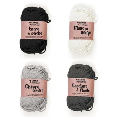 4 fils de coton spécial crochet 55 m - noir-gris foncé-gris-blanc