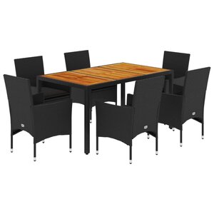 vidaXL Ensemble à manger de jardin et coussins 7Pièces noir rotin acacia