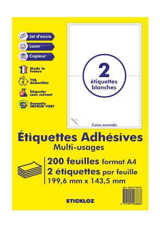 200 planches a4 - 2 étiquettes 199,6 mm x 143,5 mm autocollantes blanche par planche pour tous types imprimantes - jet d'encre/laser/photocopieuse