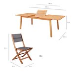 Ensemble repas de jardin  6 a 8 personnes - Table extensible 180-240 x 100 cm + 6 chaises assises textilene - Bois Eucalyptus FSC