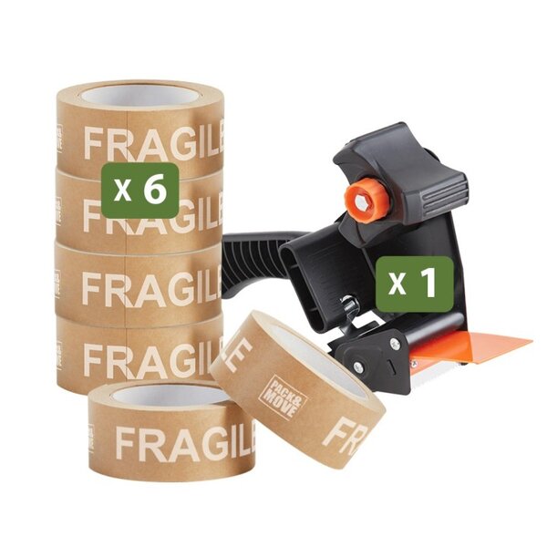 Pack and Move - Lot 6 rouleaux ruban adhésif kraft "Fragile" pour emballage et déménagement - 50 m - 1 dévidoir offert - Qualité Premium