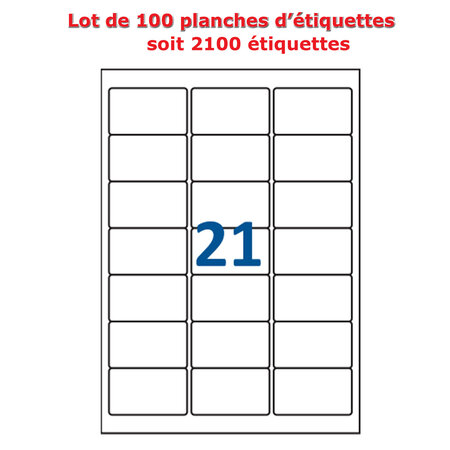 Lot de 100 Planches étiquettes autocollantes blanches sur feuille A4 : 63 5 x 38 1 mm (21 étiquettes)