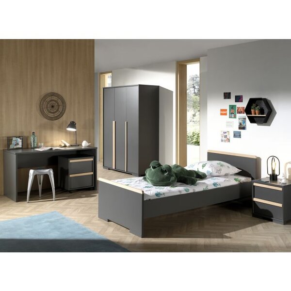 LONDON Anthracite Lit +Chevet 2 tiroirs + Armoire 3 Portes + Bureau + Caisson de bureau