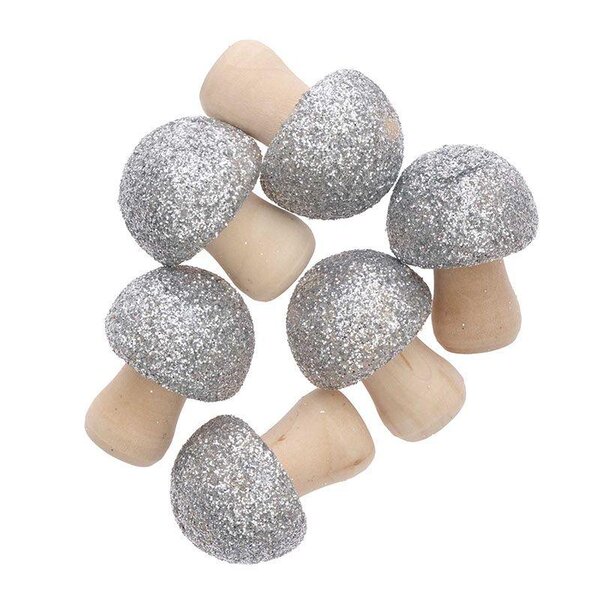 6 champignons en bois pailletés argent