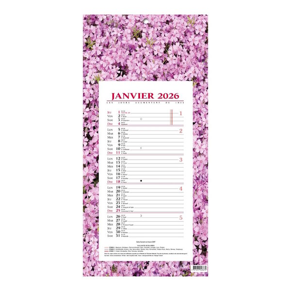 Calendrier Bloc Mensuel Mural 2026 - 16x33.5cm - Fleurs