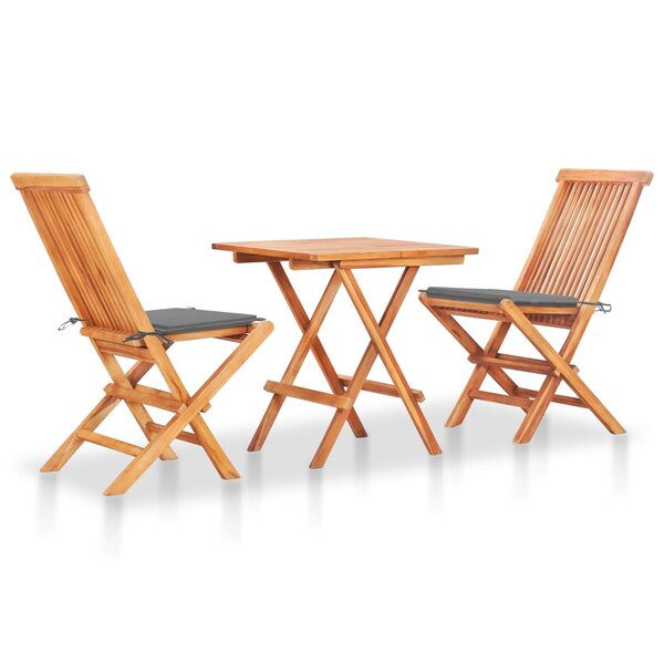 vidaXL Ensemble de bistro 3 Pièces avec coussins gris Bois de teck massif