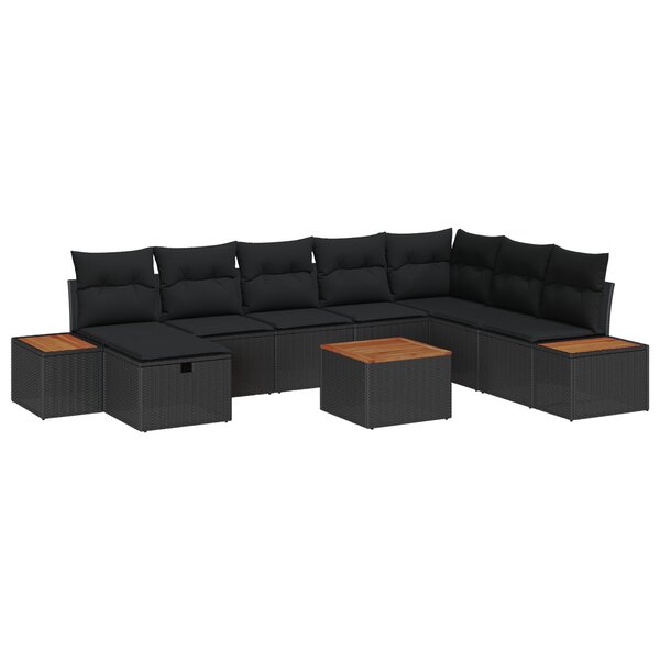vidaXL Canapé de Jardin 9 Pièces avec Coussins Rattan Noir Poly