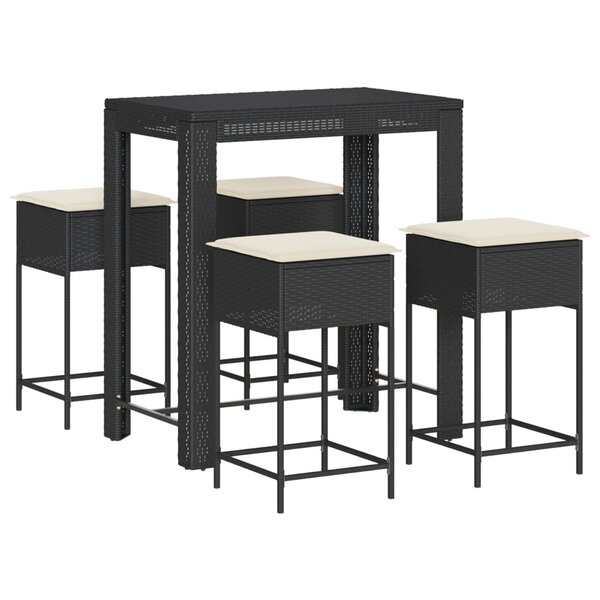 vidaXL Ensemble de bar de jardin 5 Pièces avec coussins noir poly rotin
