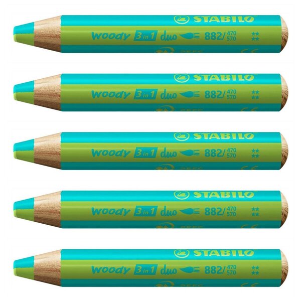 Crayon multi-talents woody 3 in 1 duo - turquoise-vert clair x 5 STABILO