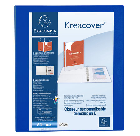 Classeur Pp Personnalisable Kreacover - 4 Anneaux En D 30mm - A4 Maxi - Bleu - X 10 - Exacompta