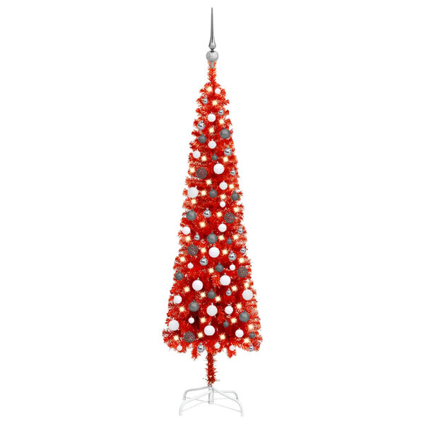 vidaXL Arbre de Noël mince pré-éclairé et boules rouge 180 cm