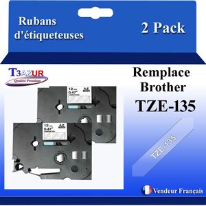 2x Rubans d'étiqueteuses compatibles avec Brother Tze135  Tze-135 pour étiqueteuses P-touch - Texte blanc sur fond transparent - Largeur 12 mm x 8 mètres