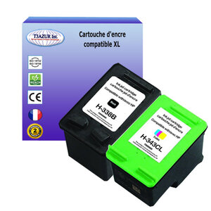 1+1 Cartouches compatibles avec HP PhotoSmart 2613, 2615, 2710, 2710xi, 2713, 7800, 7830, 7850, 7850v, 7850xi, 8000 remplace HP 338, HP343- T3AZUR