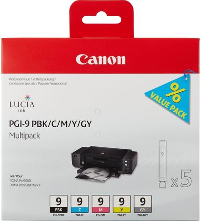 Pack 5 cartouches d'encre canon pgi-9 (couleurs + noir + gris)