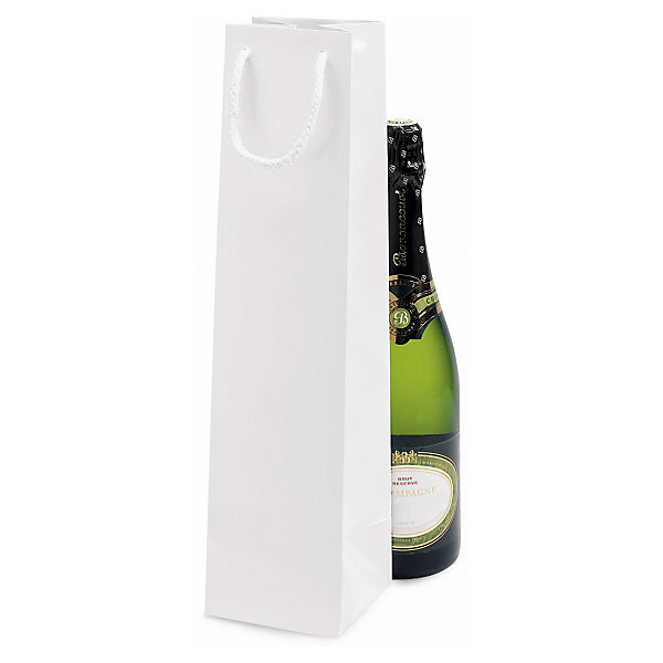Sac pelliculé brillant blanc à poignées cordelières pour 1 bouteille 10 x 40 x 10 cm (lot de 25)
