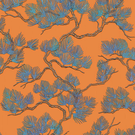 DUTCH WALLCOVERINGS Papier peint Motif avec pins Bleu et orange