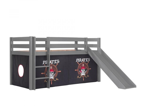 Lit Enfant Surélevé Avec Toboggan Pino 90x200cm Gris + Rideau de lit Pirates