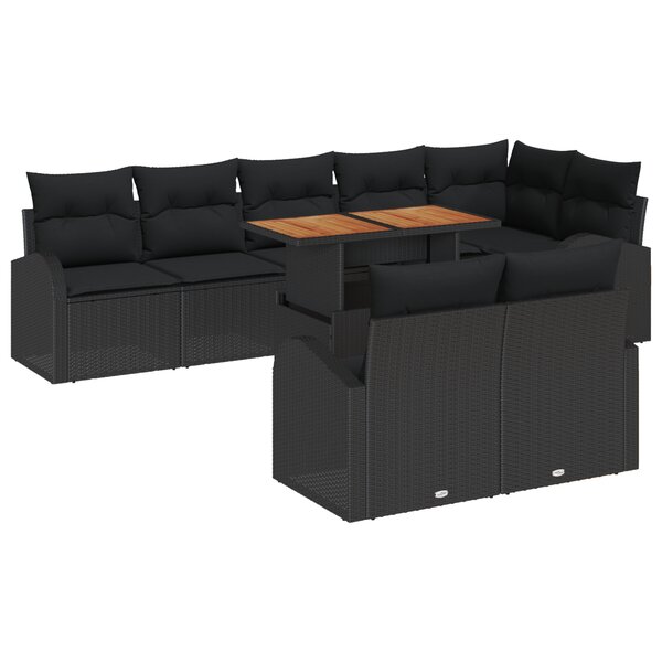 vidaXL Ensemble de Repas de Jardin 9 Pièces avec Coussins Noir Poly Rattan Acacia