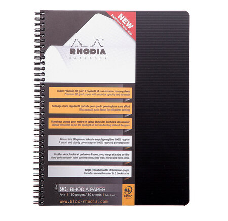 Notebook RHODIACTIVE 90g RI A4+ 160p 5x5C mcrprf. + 9tr, règle PP + 6 m-p repositionna... RHODIA