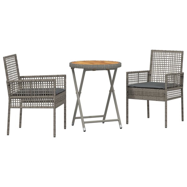 Ensemble Bistro de Jardin 3 Pièces avec Coussins Gris en Poly Rattan