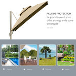 Parasol déporté LED carré double toit inclinable pivotant 360° manivelle piètement acier dim. 3L x 3l x 2 66H m beige