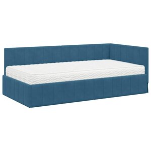 vidaXL Cadre de lit d'angle avec matelas Bleu 90 x 200 cm Velours