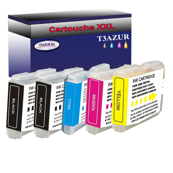 Lot de 5 Cartouches compatibles Brother FAX-2480C, FAX-2580C, LC1000XL  (Noire+Couleur) – T3AZUR