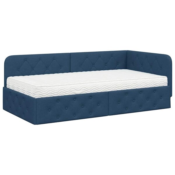 vidaXL Cadre de lit d'angle avec matelas Bleu 90 x 190 cm tissu