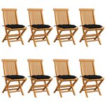 vidaXL Chaises de jardin et coussins noir lot de 8 Bois de teck massif