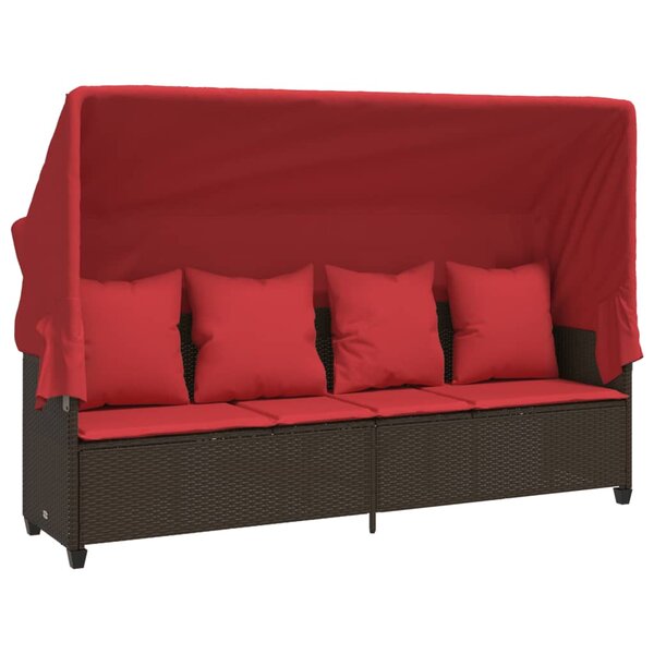 vidaXL Chaise longue avec auvent et coussins marron résine tressée