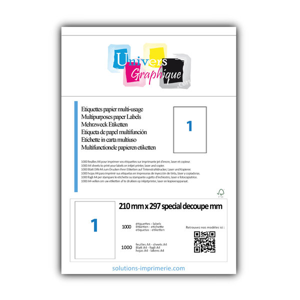 Lot de 1000 planches a4 de 1 étiquettes à bords vifs 210 x 297 special decoupe en papier blanc 70g/m² multifonction avec 5 refentes au verso pour créer des stickers ou autocollants