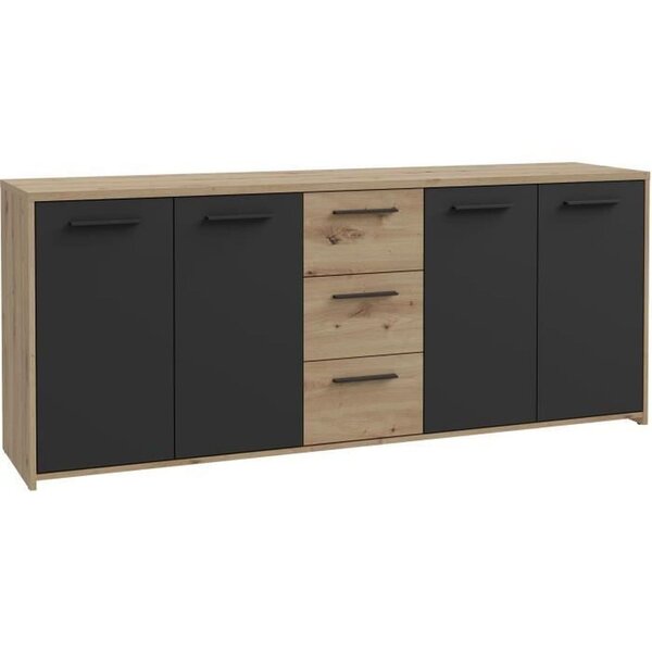 Buffet Particules mélaminé -chêne artisan et Noir- 4 portes + 3 tiroirs - 179 2 x 42 x 74 5 cm