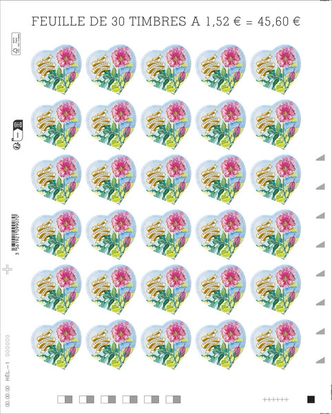 Feuille de 30 timbres coeur - Fragonard - Lettre verte - 20g
