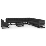 vidaXL Salon de jardin 12 Pièces avec coussins Noir Bois de pin massif