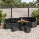 Ensemble de canapé de jardin de 9 pièces avec coussins en poly rotin noir acacia