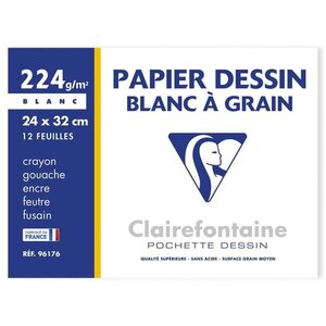 CLAIREFONTAINE - Pochette dessin - Papier a grain P.E.F.C - 24 x 32 - 12 feuilles - 224G - Blanc