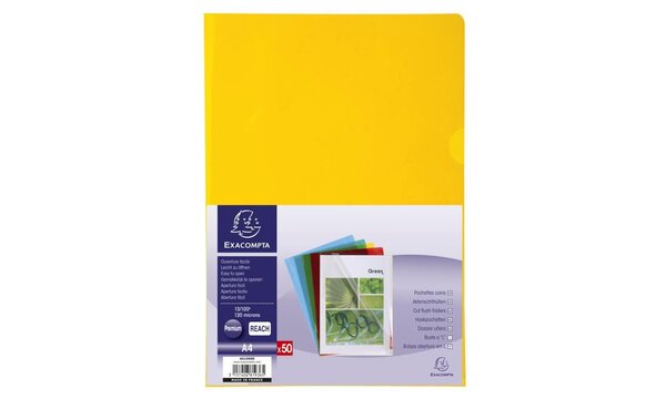Sachet de 50 pochettes coin PVC lisse haute résistance 13/100e A4 Assorties EXACOMPTA