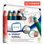Étui de 4 crayons de couleur STABILO Markdry assortis + 1 chiffonnette + 1 taille-crayons