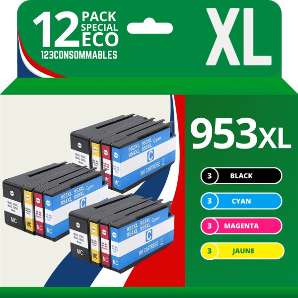 123CONSOMMABLES - 953XL - Pack de 12 Cartouches d'encre compatibles avec HP Officejet Pro 8715 8710 HP Officejet Pro 7720 7740 8730 8720 8725 8210
