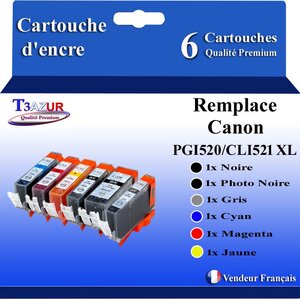 T3AZUR - 6x Cartouches compatibles avec Canon CLI521 CLI-521 XL pour Canon Pixma MP980  MP990