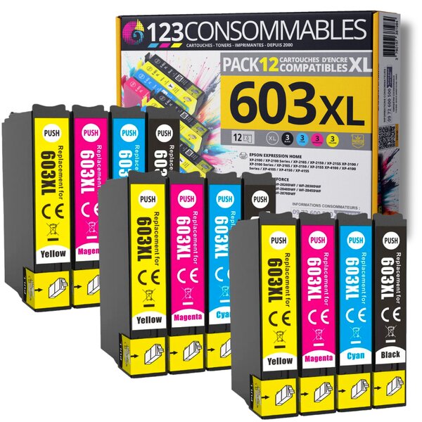 123CONSOMMABLES - 603XL - Pack 12 cartouches compatibles EPSON 603 XL