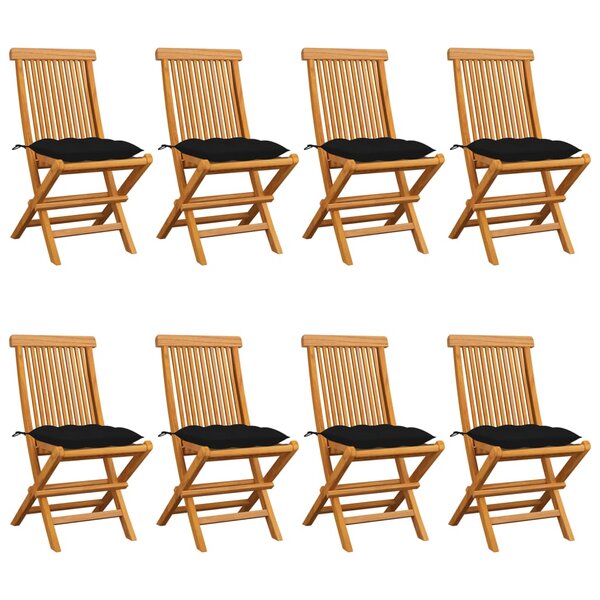 vidaXL Chaises de jardin et coussins noir lot de 8 Bois de teck massif
