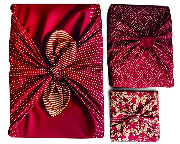 Emballage Réutilisable Furoshiki Pack Famille 3Pièces Coton Aventureux Rouge Bordeaux