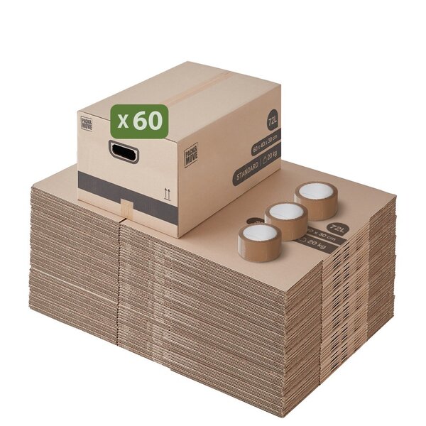 Pack and Move - Lot 60 cartons déménagement M - 60 x 40 x 30 cm - Poignées renforcées - 3 adhésifs offerts