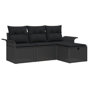 Ensemble de canapé de jardin de 4 pièces avec coussins en poly rotin noir