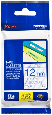 Cassette à ruban tze-tape tze-133 largeur: 12 mm bleu/transparent brother