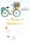 69-3109 Carte Anniversaire pour Fille Femme à Bicyclette Vélo Panier Fleuri peint à l'Aquarelle Champêtre -Finitions Dorure Or Doré + Gaufrage en Relief +1 Enveloppe Format 12x17cm -Fabriqué en Europe