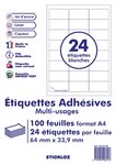 100 planches de 24 = 2 400 étiquettes autocollantes papier adhésif blanc  - 63,5 x 33,9 mm - Compatible Montimbreenligne ou FBA AMAZON